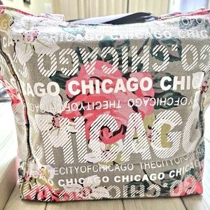 PURSE, 10" X 10", PINK, GRAY, WHITE & GREEN w/ZIP CLOSING AND INSIDE ZIP POUCH